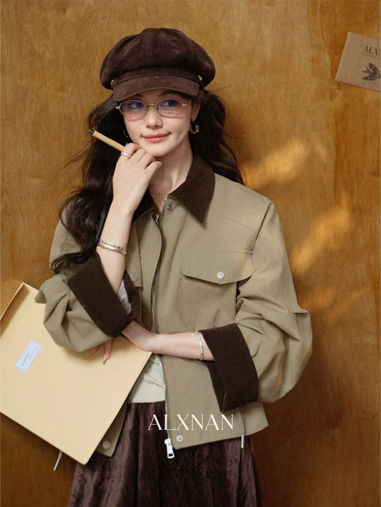 ALXNAN Women's Khaki Color Block Lapel Collar Zip Up Pocket Utility Short Jacket Loose Fit Casual Commuter Autumn 2026 L68527