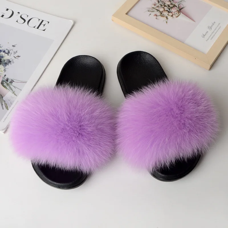 Real Fox Fur Slippers For Women Casual Fluffy Non-Slip Slippers Ladies Shoes Large Size Fur Slides Outdoor Plush Fur Slippers