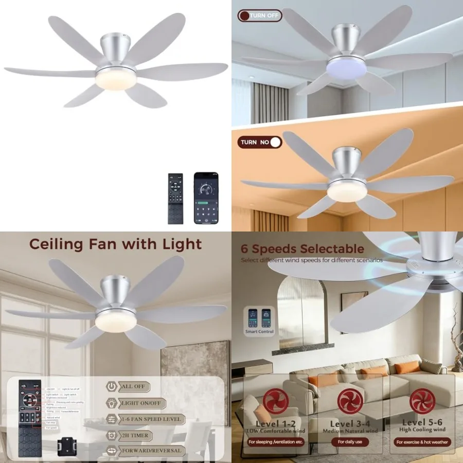 

Ceiling Fans with Lights, 42" Low Profile Ceiling Fan with Light and Remote Control, Flush Mount, Reversible, Dimmable, Noisele