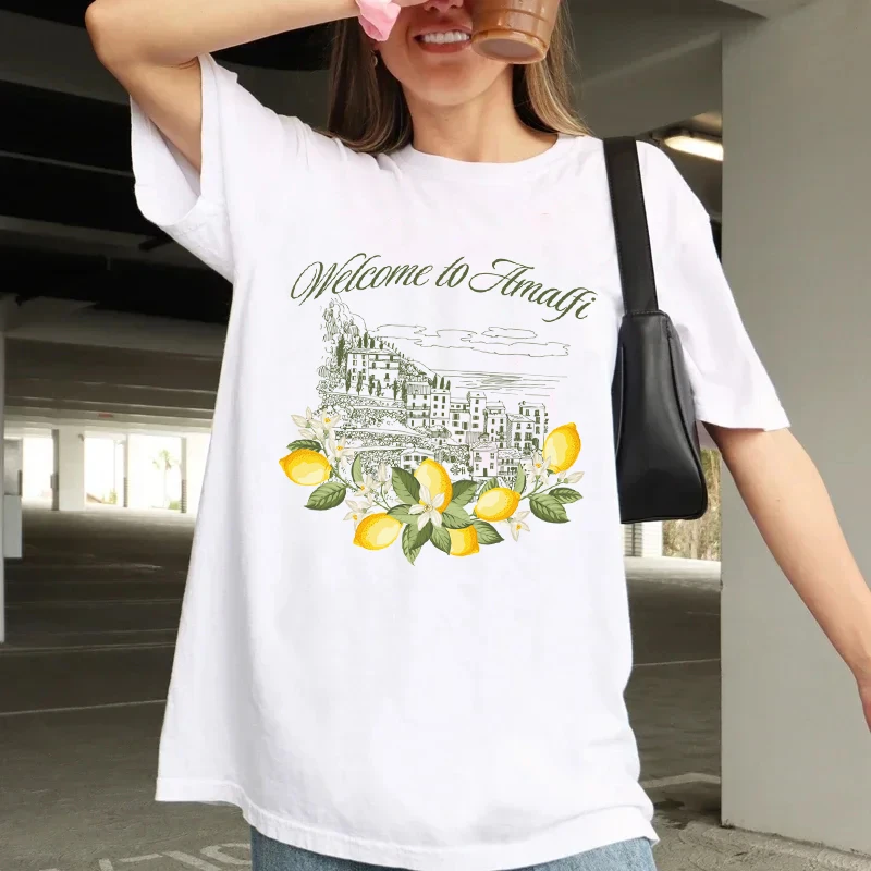 Women's Amalfi Coast Graphic Tee Italian Lemon Print Aesthetic Vacation Top Women Retro Short Sleeve Cotton Travel T-Shirt