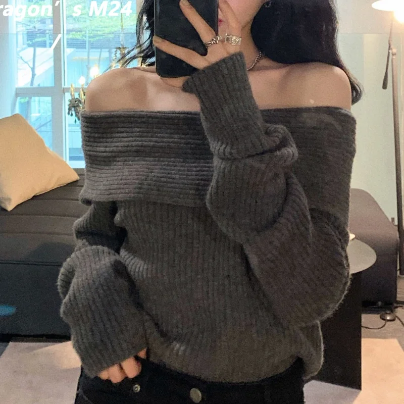 Fashion Autumn Women Off Shoulder Sweater Long Sleeve Elegant Casual Solid Knitted Tops Sexy Pullover Clothing Spring Knitwear