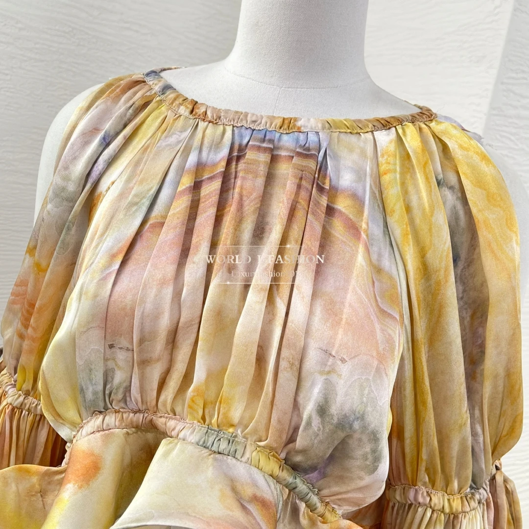 

Silk Yellow Long Sleeve Floral Print Irregular Ruffles Frilled Blouse Tops and Skirt Set