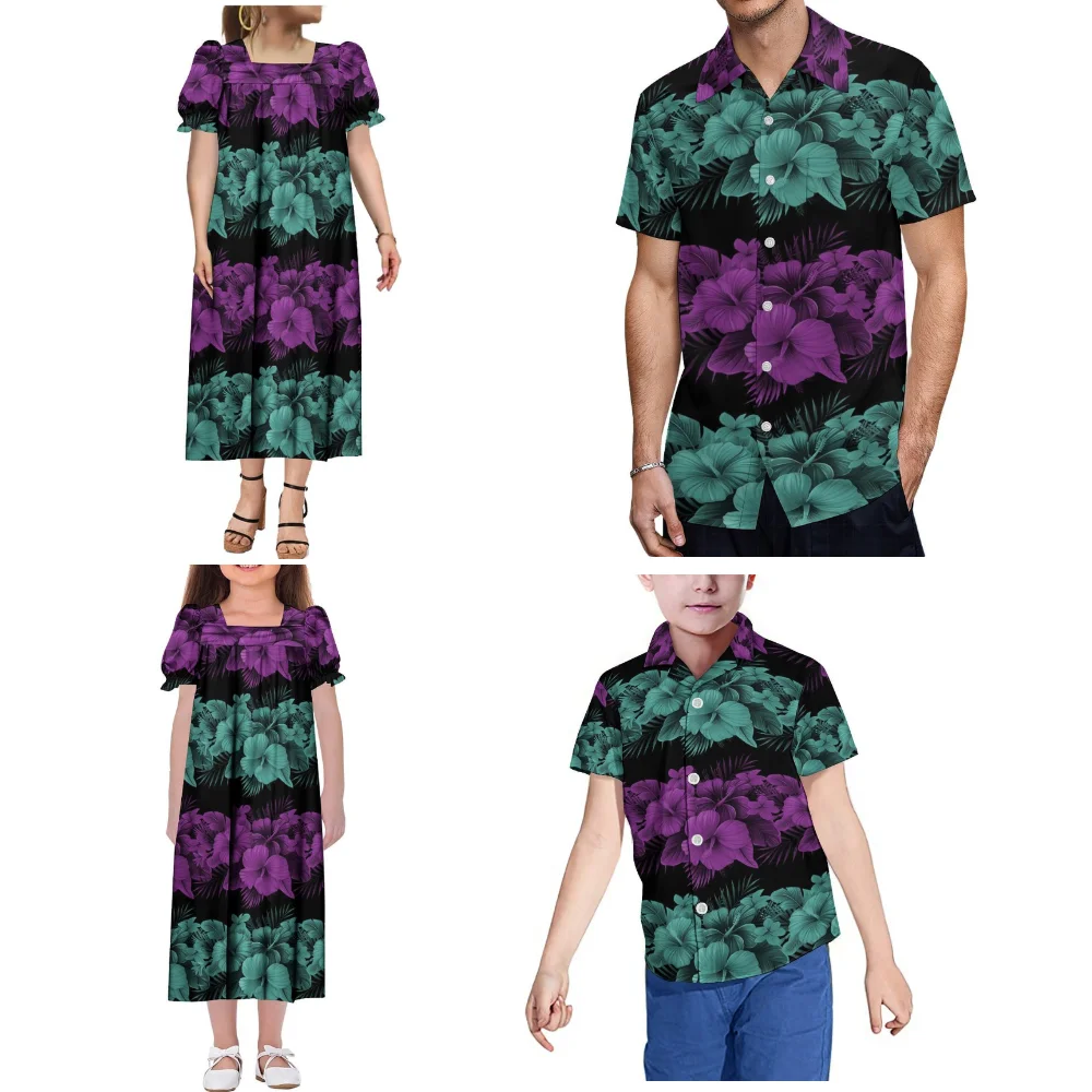 Customized Family Set Women'S Mumu Floral Print Dress For Casual Wear Men'S Short-Sleeved Pocket Shirt With Soft Fabric Clothing