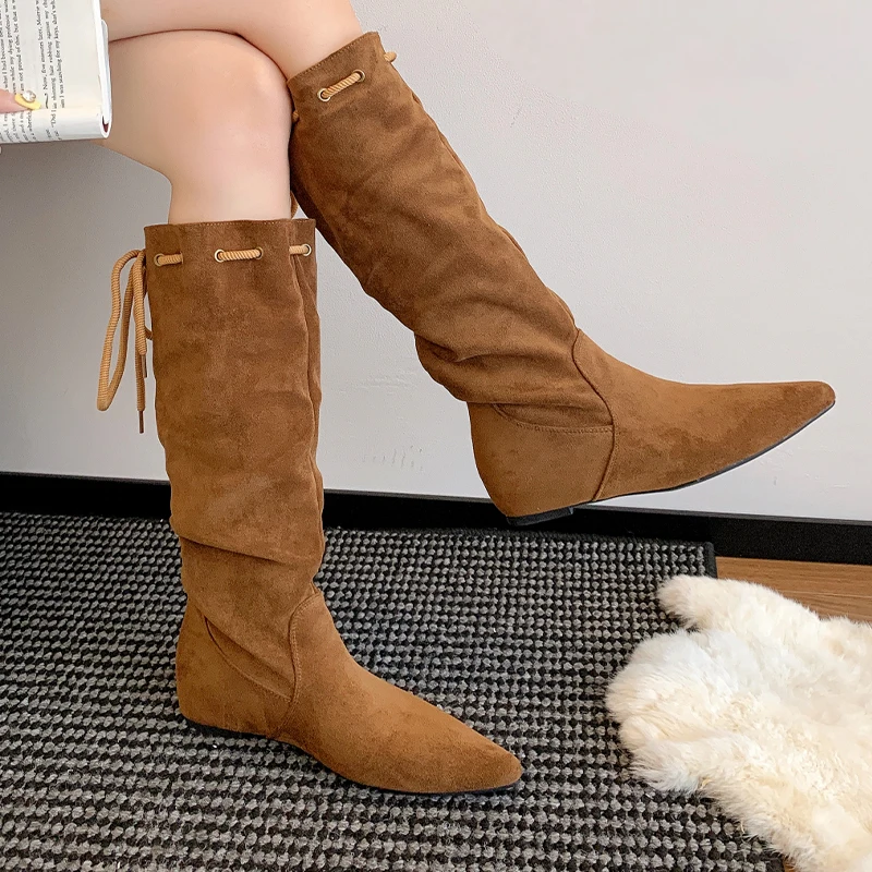 

High Boots for Women Flats Suede Designer Knee High Winter Boots Pointed Toe Fashion Dress Shoes 2025 Casual Mujer Para Botas