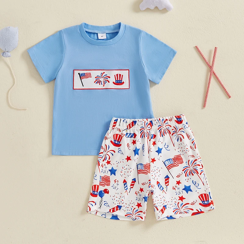 Boys Patriotic 4th of July Outfit American Flag Print Crew Neck Short Sleeve T-Shirt and Shorts Set with Firework Design - 2