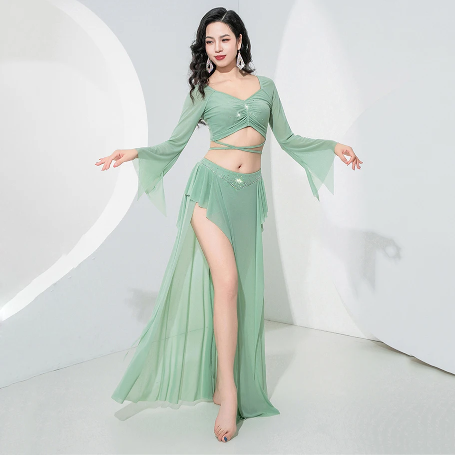 Fresh Breathable Net Yarn Gilrs Dance Clothes Practice Suit Belly Dance Costume Set 2pcs Top and Skirt Class Wear Horn Sleeves