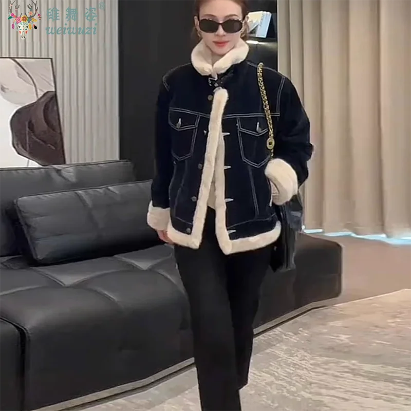 سترة نسائية سميكة دافئة من قماش الدنيم بياقة على شكل طية صدر السترة سترات شتوية بطبقة داخلية مع معاطف من قماش الدنيم المخملي ملابس خارجية غير رسمية