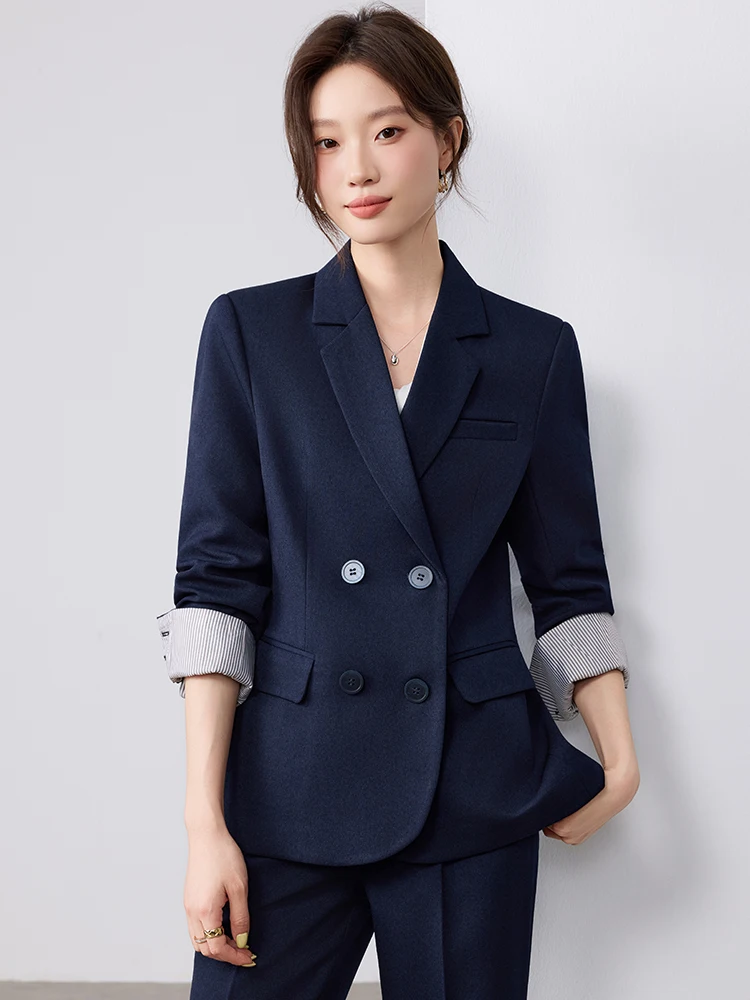 Casual Dark Blue Women's Suit Jacket 2026 New Style Double Button Interview Formal Ladies' Suit Set Polyester Fiber Long Sleeve