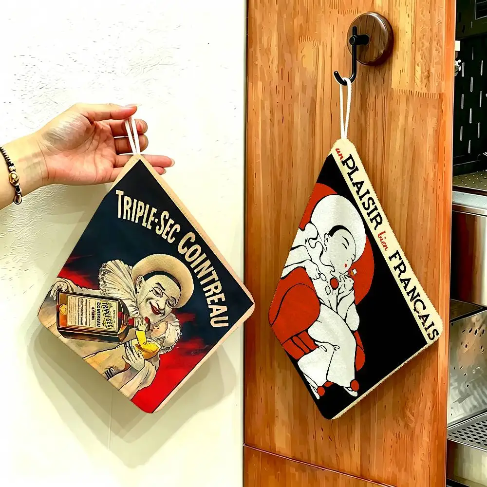 Paño de cocina colgante de poliéster y algodón suave con diseño vintage de licores de frutas Cointreau, ideal para restaurante y hogar.