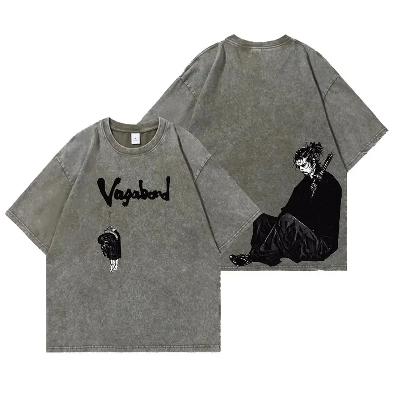 

2025 Anime Vagabond Tshirts Men Vintage Washed T Shirt Harajuku Oversize Cotton Tee Cotton Fashion Streetwear Unisex Top