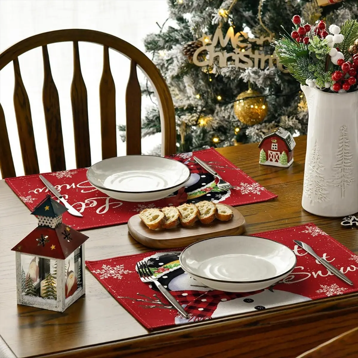 *A02R Red Christmas Winter Placemats Set of 6, 12X18 Inch Seasonal Christmas Holiday Table Mats