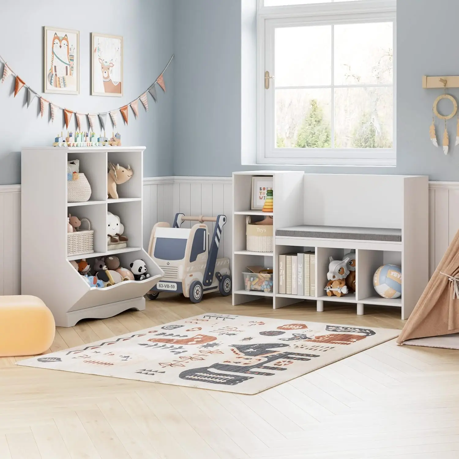 Banc de coin de lecture pour enfants, bibliothèque et étagère de pépinière avec coussin de siège, étagère à livres de 6 cubes, 43.3 po