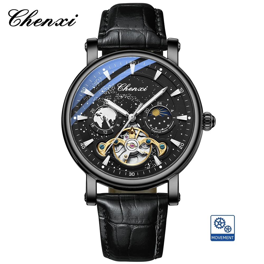 CHENXI Skeleton Tourbillon mechanische Uhren für Herren, vollautomatische leuchtende Mondphase-Chronograph-Herrenuhr 4