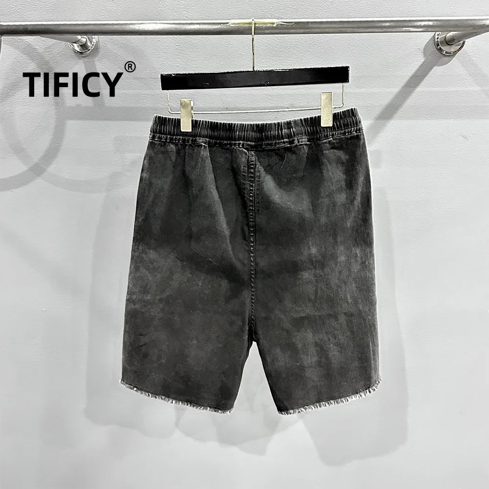 TIFICY Elastic Waist Men's Coated Drawstring Denim Cotton High Street Washed Rough Edge Loose Casual Five Part Summer Shorts