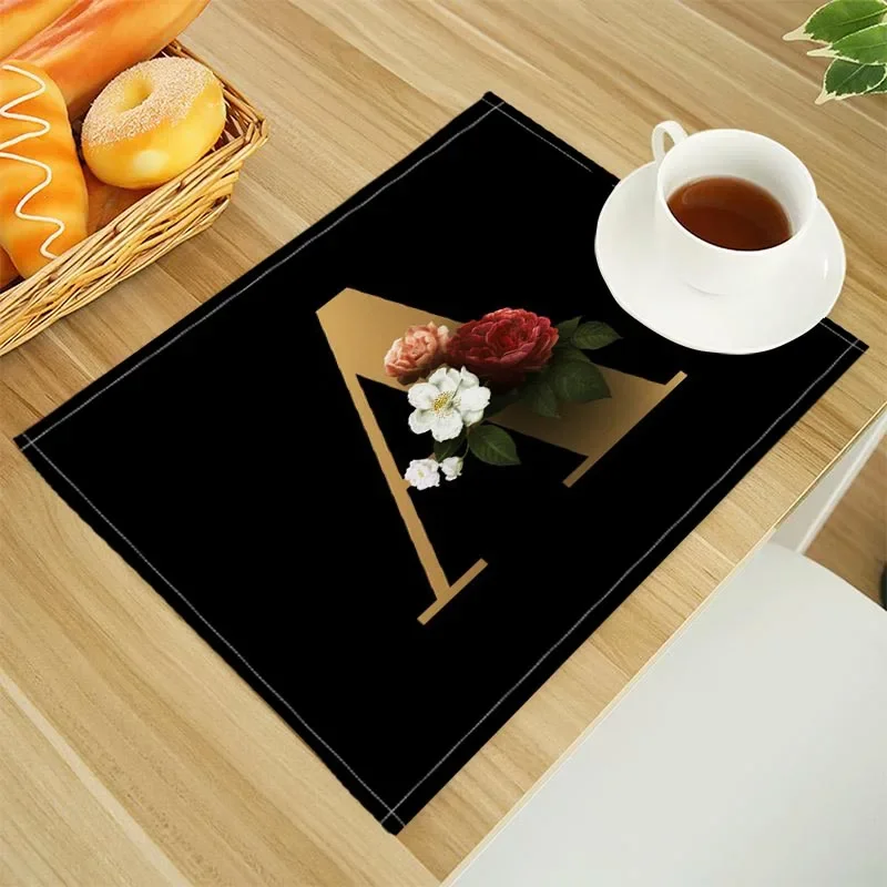 Floral alphabet Print Linen Dining Table Mats Alphabet Kitchen Placemat 32X45cm Coasters Pads Bowl Cup Mat