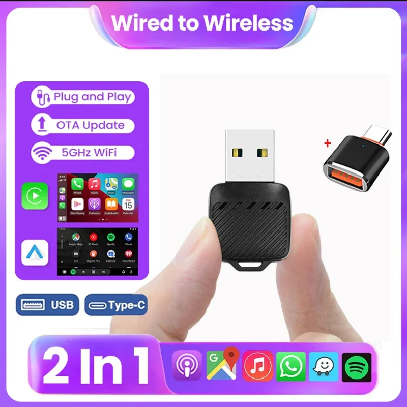 

2 в 1, проводная к беспроводному CarPlay Box и Android Auto Car Ai Box Plug и используется для Audi Mercedes Volvo Volkswagen OEM Carplay AA