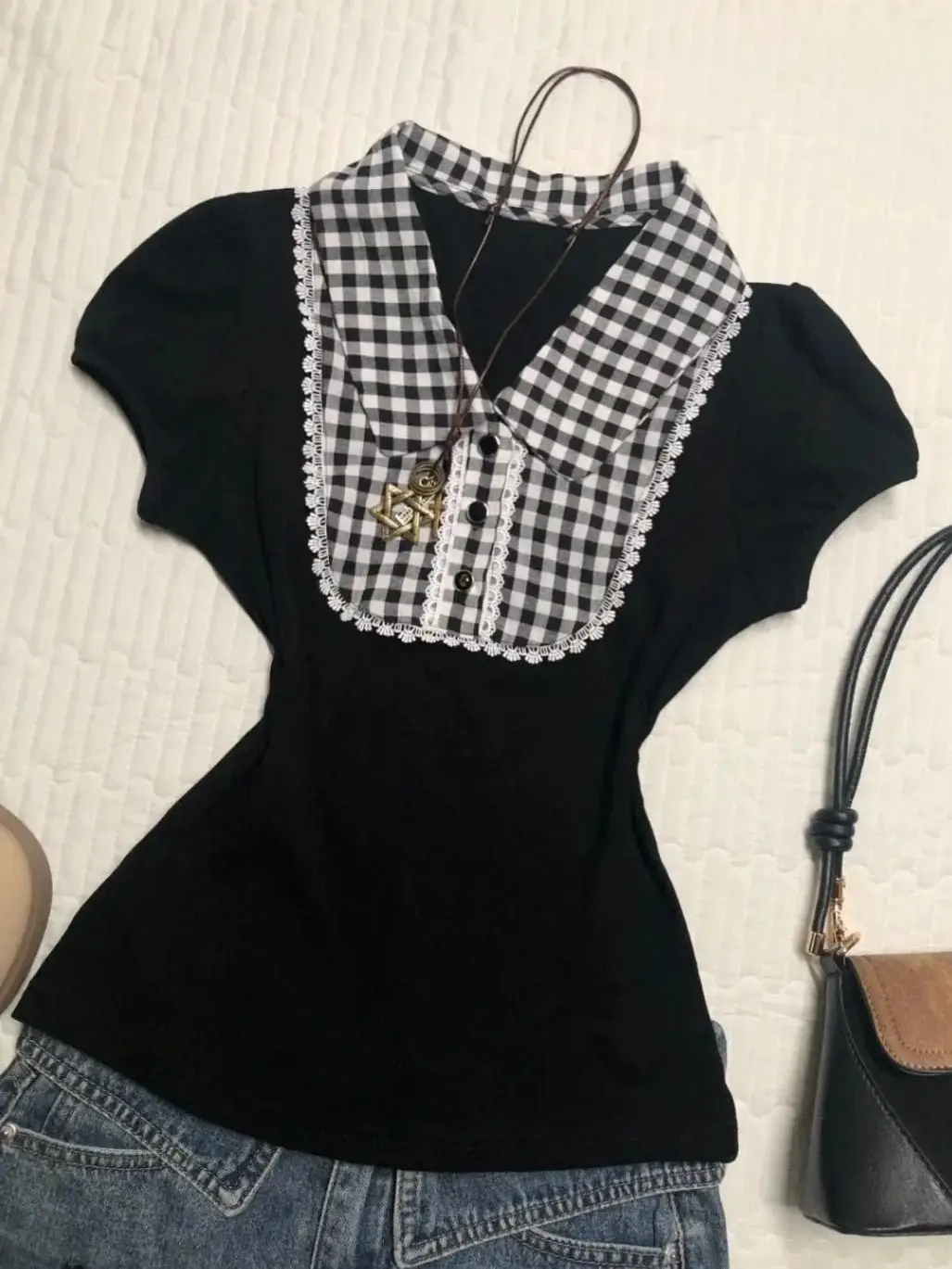 Patchwork Graphic T Shirts Grunge Harajuku Y2k Top Plaid Shirts for Women Ropa De Mujer Crop Summer New T-shirts