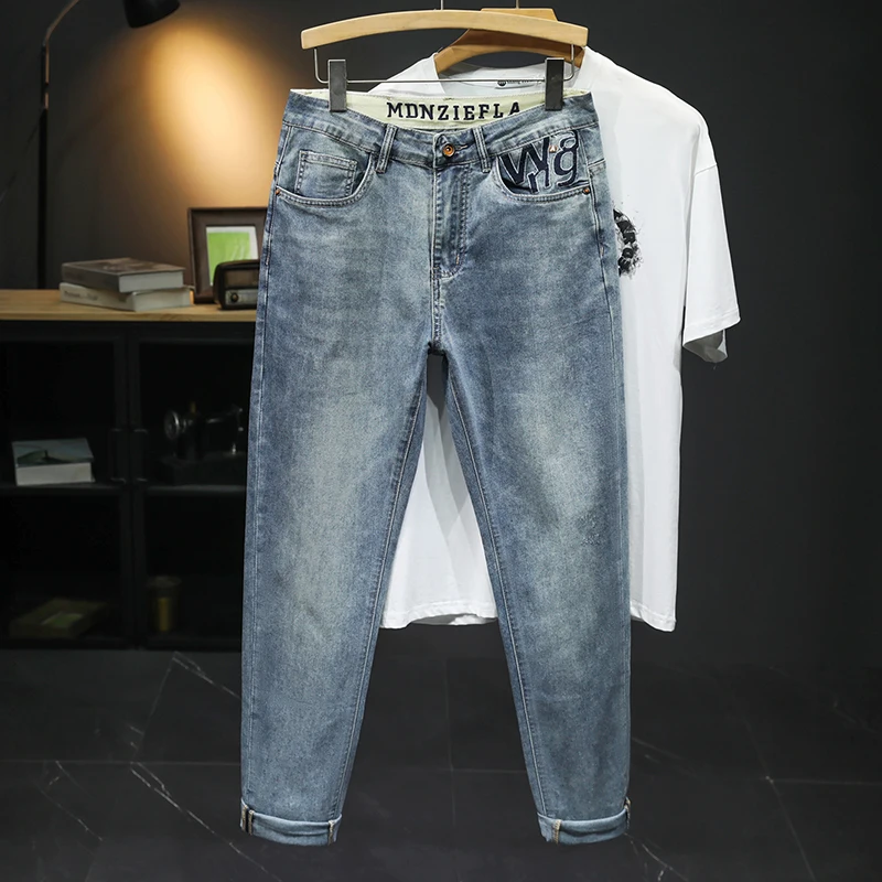 2024Summer New Jeans Men's Embroidered Printed Trendy Straight Loose High-End Washed Japanese Style Boy Trousers