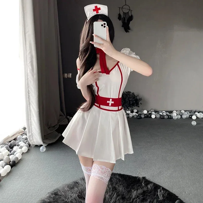 Sexy Lingerie White Nurse Uniform Anime Exotic Cosplay Costumes Open Crotch Bodysuit Skirt Suit Set Club Stage Show Clothing