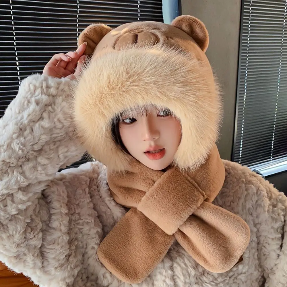 Fashion 3 in 1 Capybara Hat Scarf Set Panda Cartoon Furry Scarf Cap Set Soft Cute Cartoon Plush Hat Outdoor