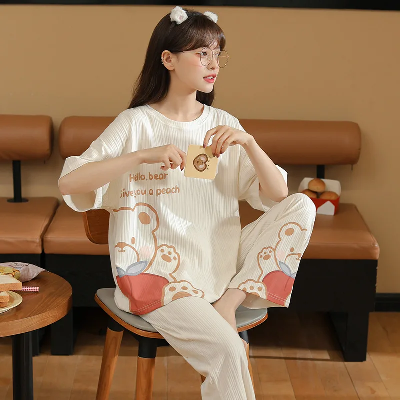 Korean Bear Pattern Sleepwear Fashion Cotton Pajamas Women's Autumn Loungewear Short Sleeved Pants Home Clothes Two Piece Set