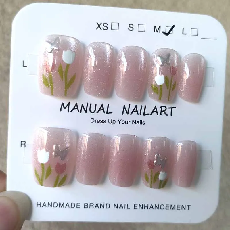 【Schmetterlinge verlieben mit Blumen】 10 Stück Damen handgemachte süße 3D-Schmetterlingsblumen zum Aufdrücken der Nägel, Nagelpflaster, Katzenaugen-Nagelkunst