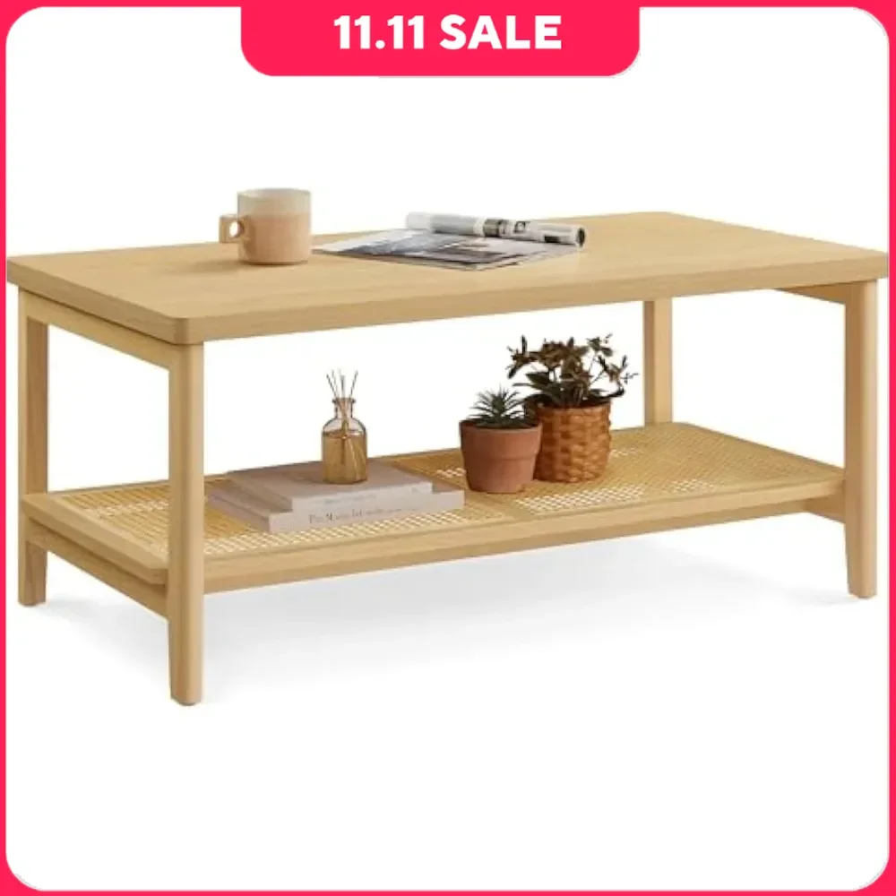 Coffee Table,2-Tier Coffee Table for Living Room,Table Rectangular Center Table,with PVC Rattan Storage Shelf,Coffee Tables