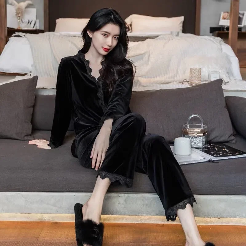 2023 New Gold Velvet Spring and Autumn and Winter Pajamas Ladies Lace Cardigan Suit Is A High-end Leisure Fashion Home Service