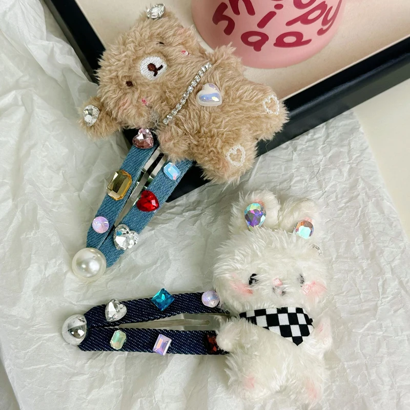 مشبك شعر رعاة البقر على شكل دب أرنب قطيفة لطيف للفتيات، تفاصيل ماسية ملونة، إكسسوار شعر كبير حامض وجميل