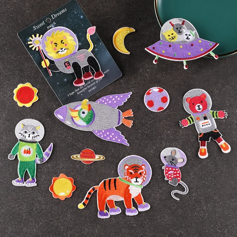 Space Animals Embroidery Stickers for Children Clothing DIY Decorations Cartoon Astronauts Mini Patches Stick-on Textiles Decals