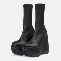 Arden Furtado Black Women's Satin wedges Short boots Round toe Side zipper Super high heel Modern boots Large size Women's Boots
