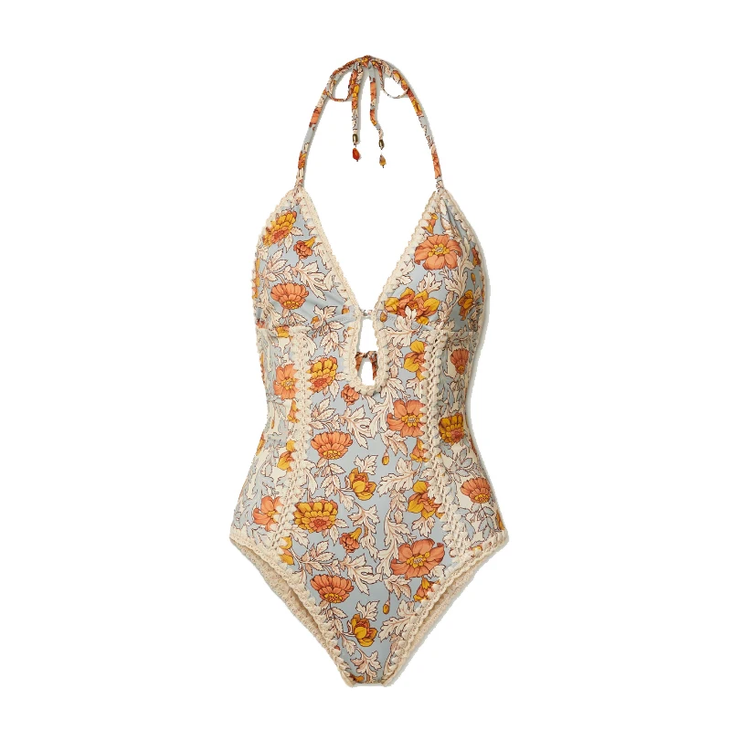 2023 One Piece Swimwear Luxury Lace Design Women Flower Print Swimsuit Cut Out Bathing Suit Cross Beach Wear Bodysuit Monokini