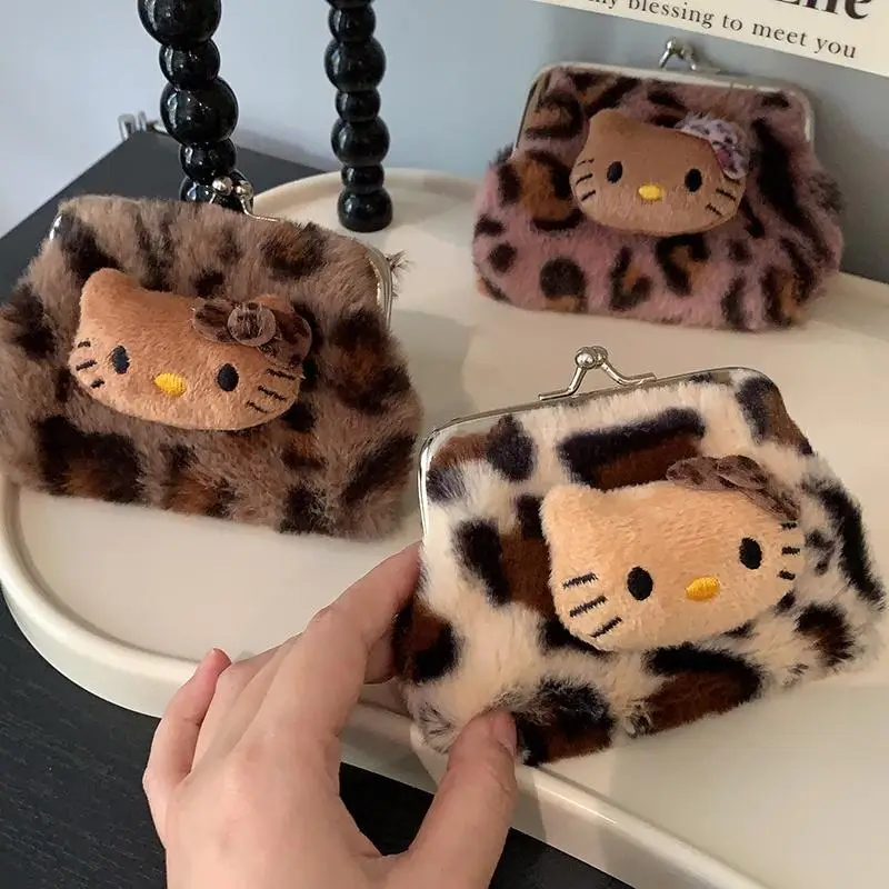 Porte-monnaie rétro Kitty imprimé léopard, sac en peluche portable, sac de rangement pour écouteurs Bluetooth, sac de rangement pour rouge à lèvres, niche, nouveau, 2024