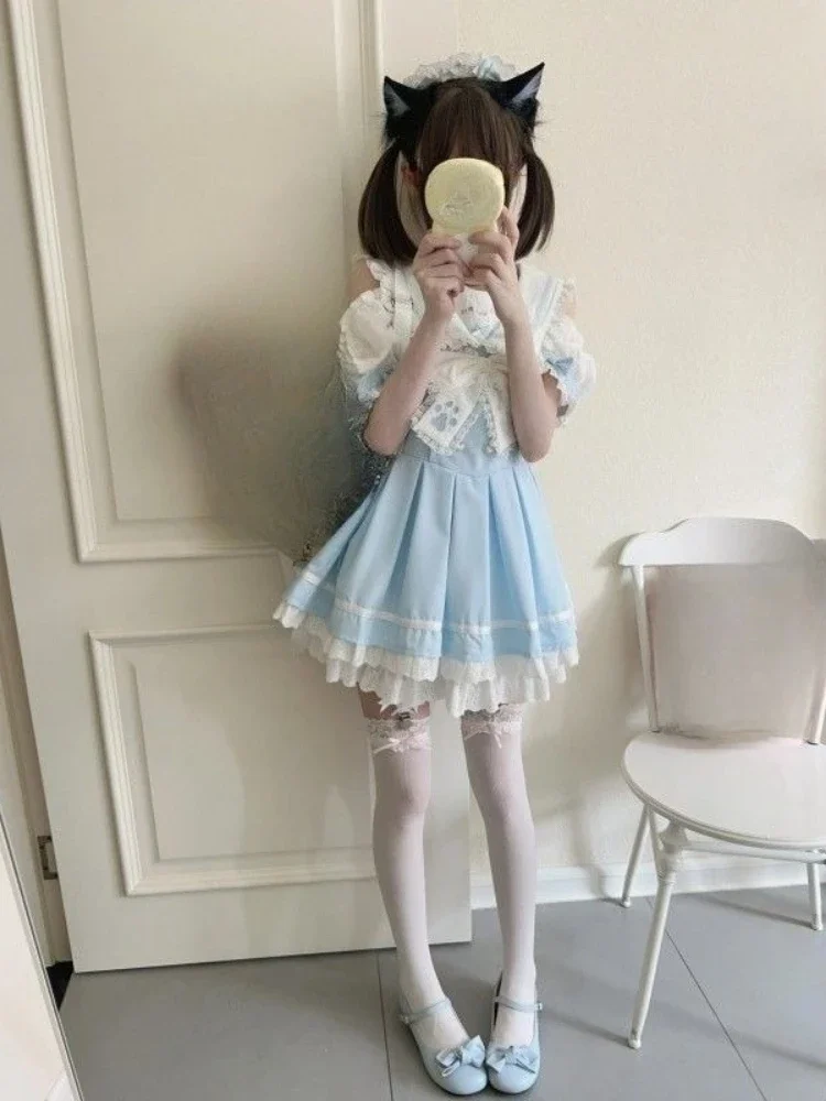 Japanese Kawaii Sweet Bow Lolita Dresses Preppy Style Sailor Collar Off Shoulder Vestidos Summer Lace Patchwork Grunge Dress