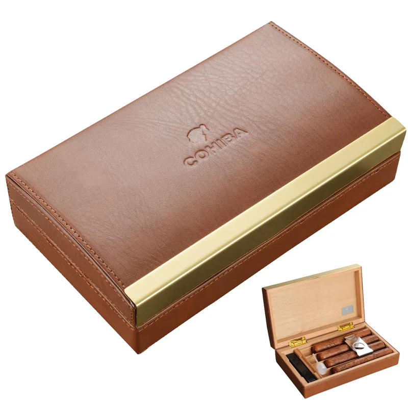 Cuba Leather Cigar Holder Box (Hold 4 Pcs) Cigar Cutter Stainless Steel for Travel Portable (Not Include The Cigar) Cigar Case