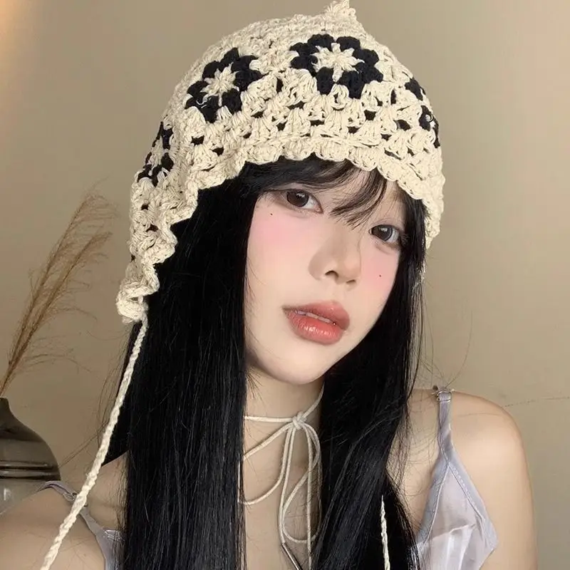 Handwoven Hat for Women's Flower Tassel Headband Summer Hollow Out Pullover Hat, Retro Knitted Fisherman Hat Trend 2024