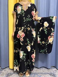 Abayas For Women 2023 Dubai  Fashion Printed Flower Cotton V-neck Slim Fit Short Femme Robe African Woman Dresses With Headscarf