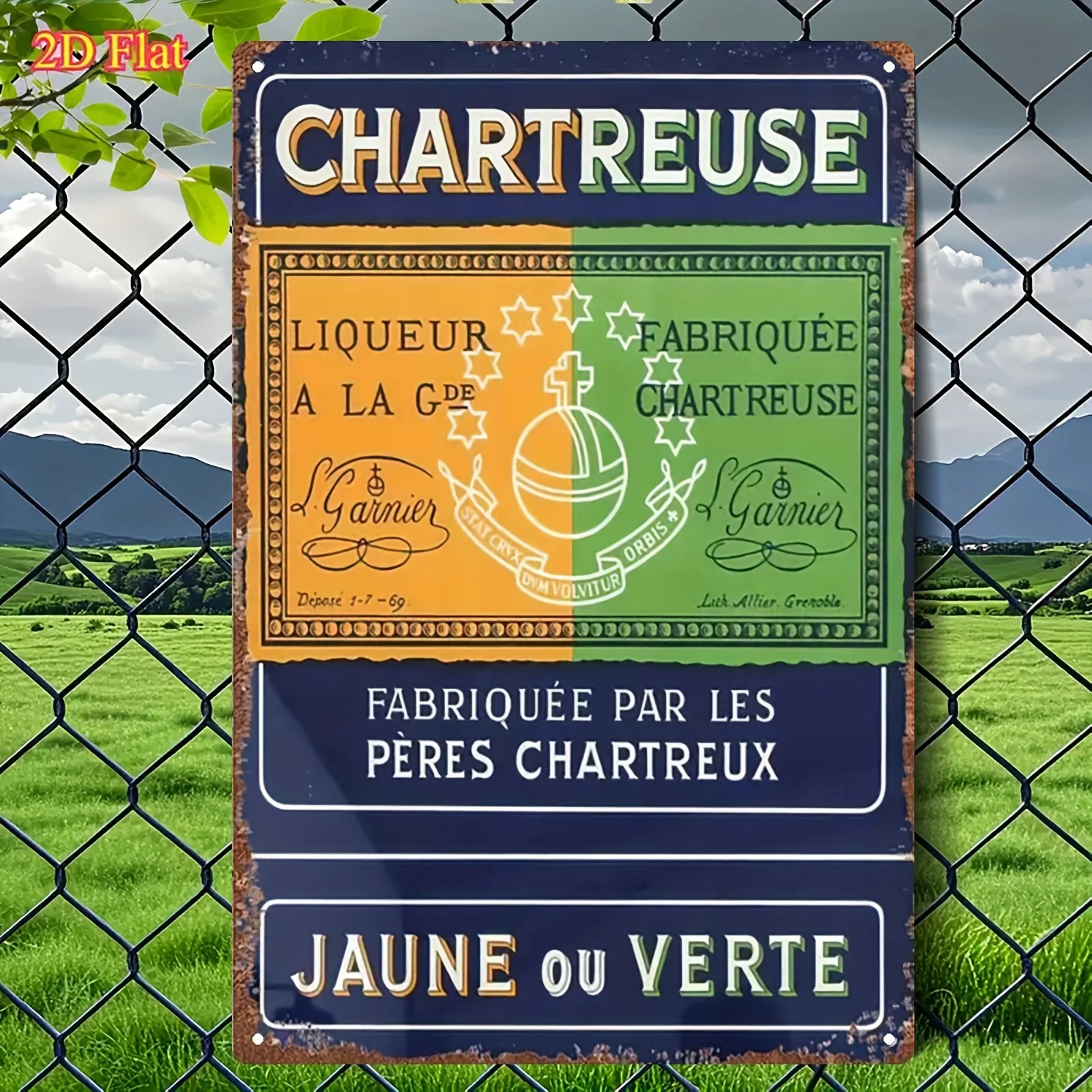 Placa de letrero de metal Chartreuse vintage plana 2D, 1 pieza, 20,32x30,48 cm, arte de pared de hierro con diseño verde y amarillo desgastado, retro