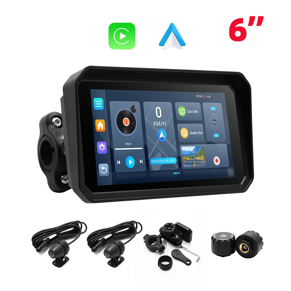EKIY 6 Inch Motorcycle Touch Screen Motorcycle Carplay Navigation GPS Android 14.0 4+64GB Wireless Apple Carplay Android Auto