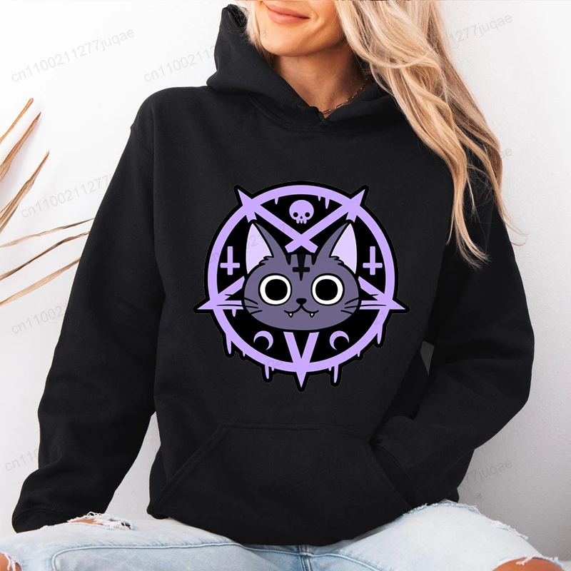 ساحرة القطة السوداء المرأة هوديس ملابس رياضية الصوف هوديي الشارع هوديي موضة قمصان غير رسمية هالوين الرعب القط طباعة الملابس
