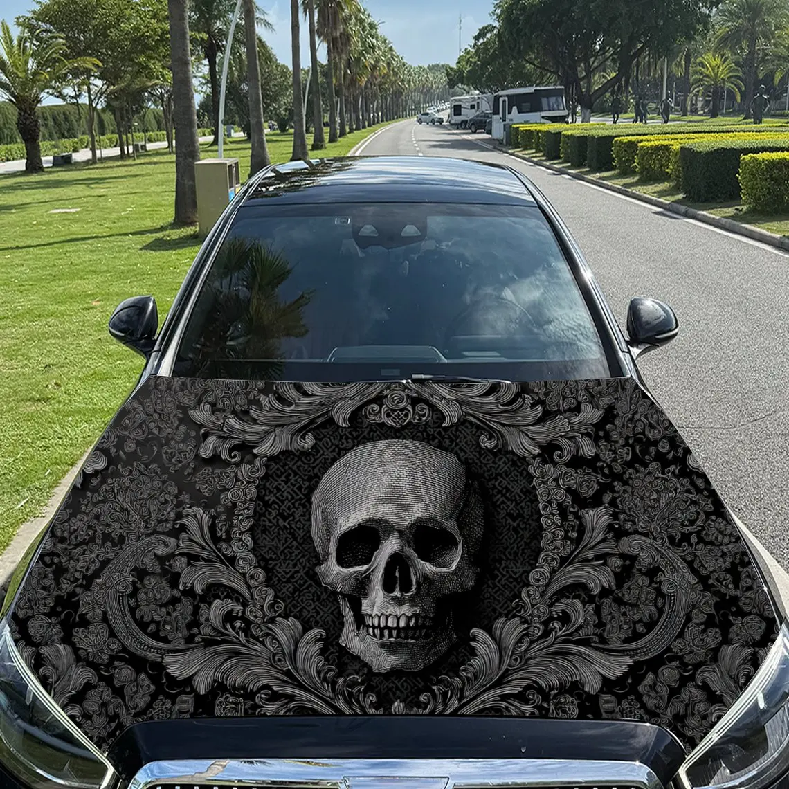 

Car Decal Skull with Textural Ornamental Elements in Artistic Dark Background & Gothic-Intricate Visual Details Car Hood Sticker