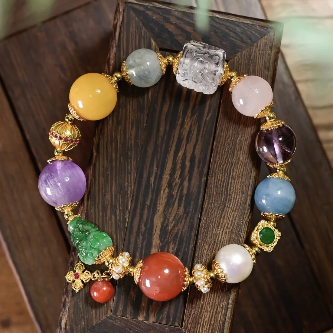 Natural Multi-color Gemstone Bracelet Grade A Jadeite Carved Gourd Aquamarine Red Agate Amber Crystal S925 Silver Women Jewelry