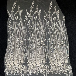 Off White with Silvery Beading Tulle Mesh Lace Fabric Wedding Lace Material Luxury Beaded Embroidery Gauze Lace