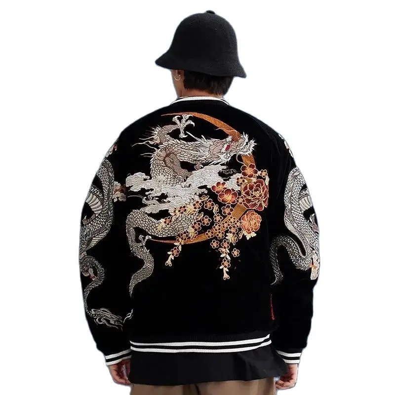 

Men's Sukajan Souvenir Jacket, Dragon Embroidered Loose Coats Hip Hop Streetwear WineRed and Black High Street Fashion