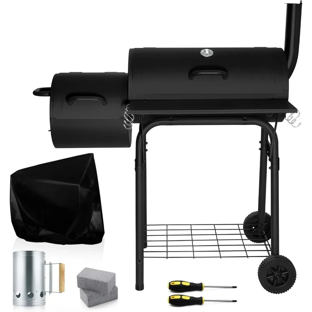 

Charcoal Grill with Offset Smoker, 13 Pcs Outdoor Charcoal Grill with Smoker, 445 Sq.in Barrel BBQ Grill with Cover