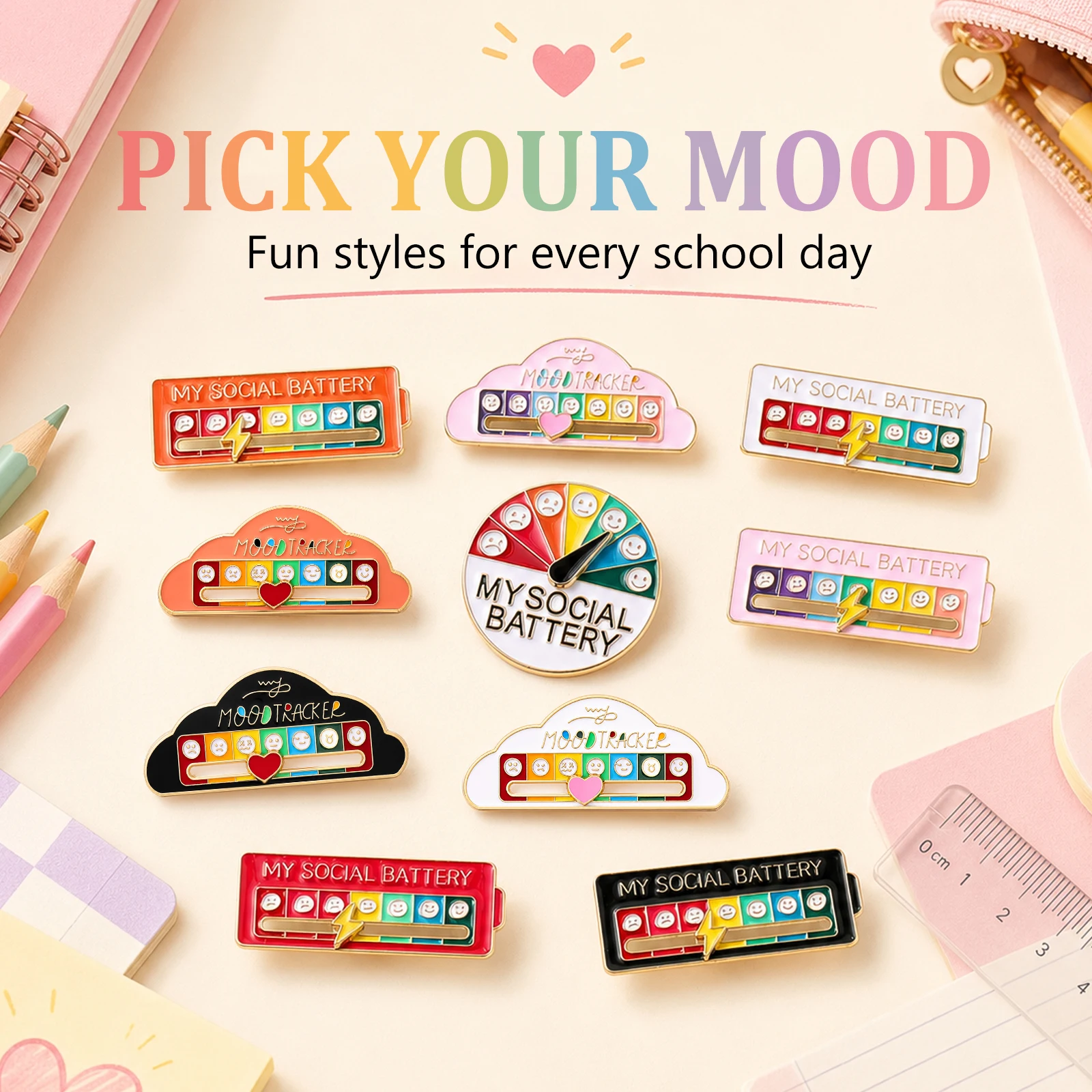 FTCY 10 PCS Mixed My Social Battery Pin For Women Men  Slideable State Mood Conversion Energy Brooch For Back To School Season