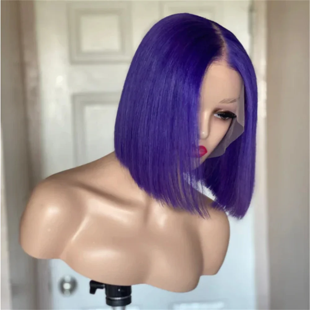 

Short Bob 16Inch Glueless Purple 180Density Straight Lace Front Wig For Women with Babyhair Preplucked Heat Resistant Cosplay