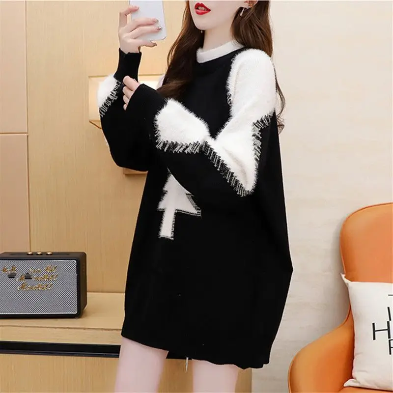 Women 2023 New Autumn/Winter Sweater Design Sense Christmas Tree Jacquard Color Block Korean Medium Length Loose Top