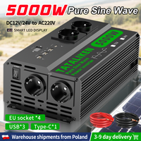 4000W/5000W power inverter, DC 12V or 24V to AC 220V 50HZ pure wave car inverter,3 USB,1 type-C, converter remote control socket