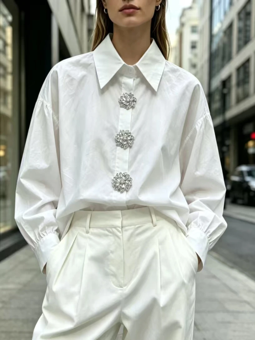 Camisa de Algodón de Alta Gama para Mujer con Flores Removibles, Blusa de Manga Larga Blanca y Negra, Ropa Casual Holgada para Mujer